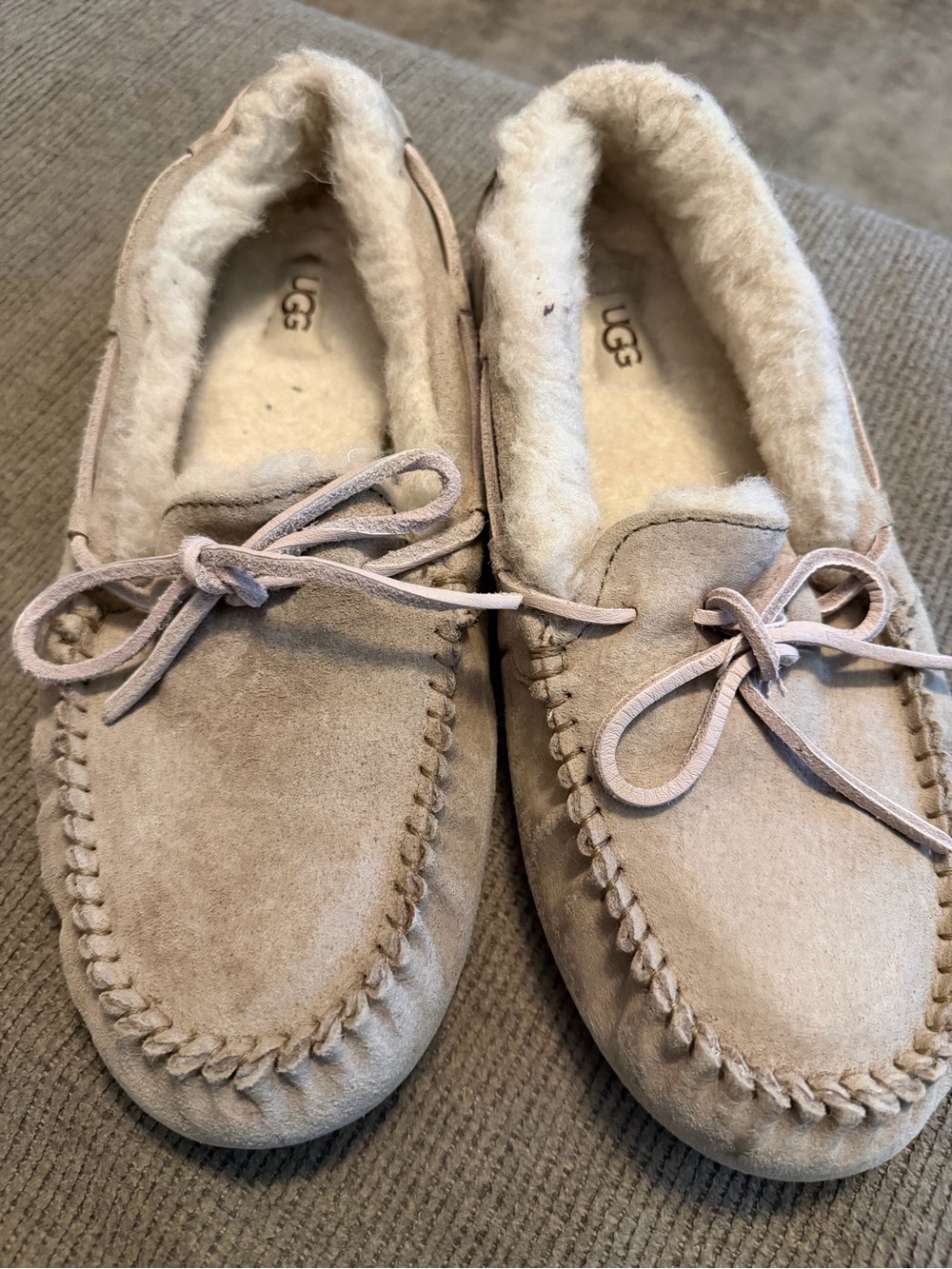 UGG Suede Shearling Moccasin Slippers in Sand